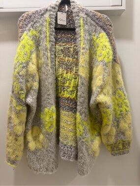 Free People Gray & Yellow Floral Open Front Cardigan